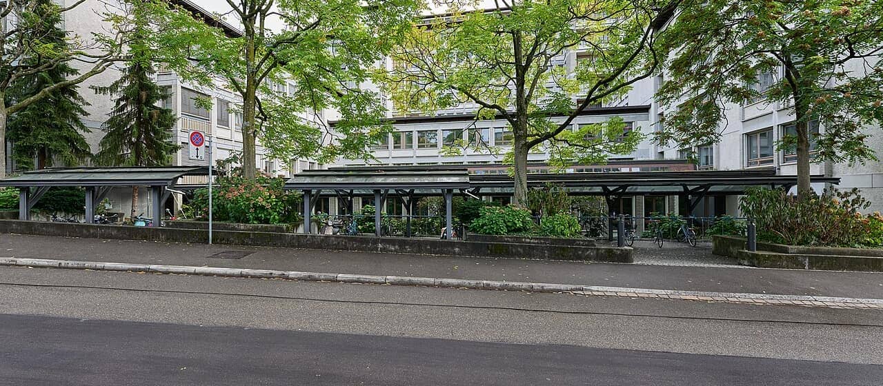 A quiet, tree-lined residential street of apartment houses in Zürich.